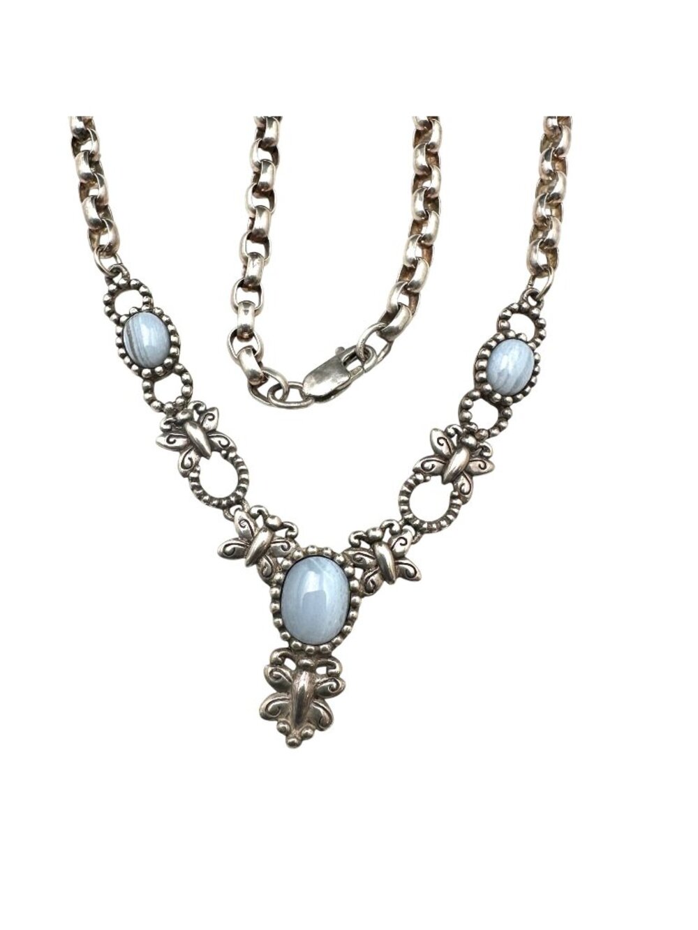 Vintage Carolyn Pollack Blue Lace Agate Sterling Silver Necklace 20 Inch